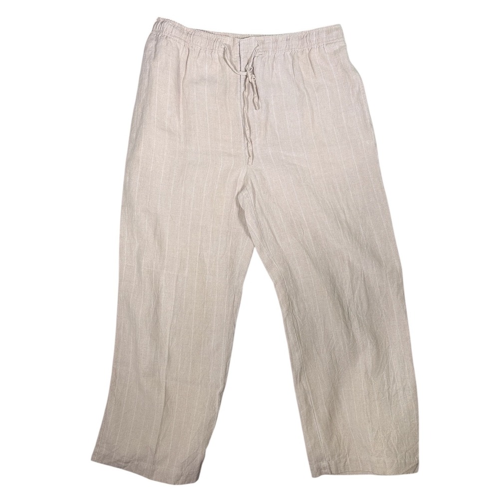 Grant Thomas 100% Linen Pants XL Tan Pinstripe Drawstring Elastic Waist Beach